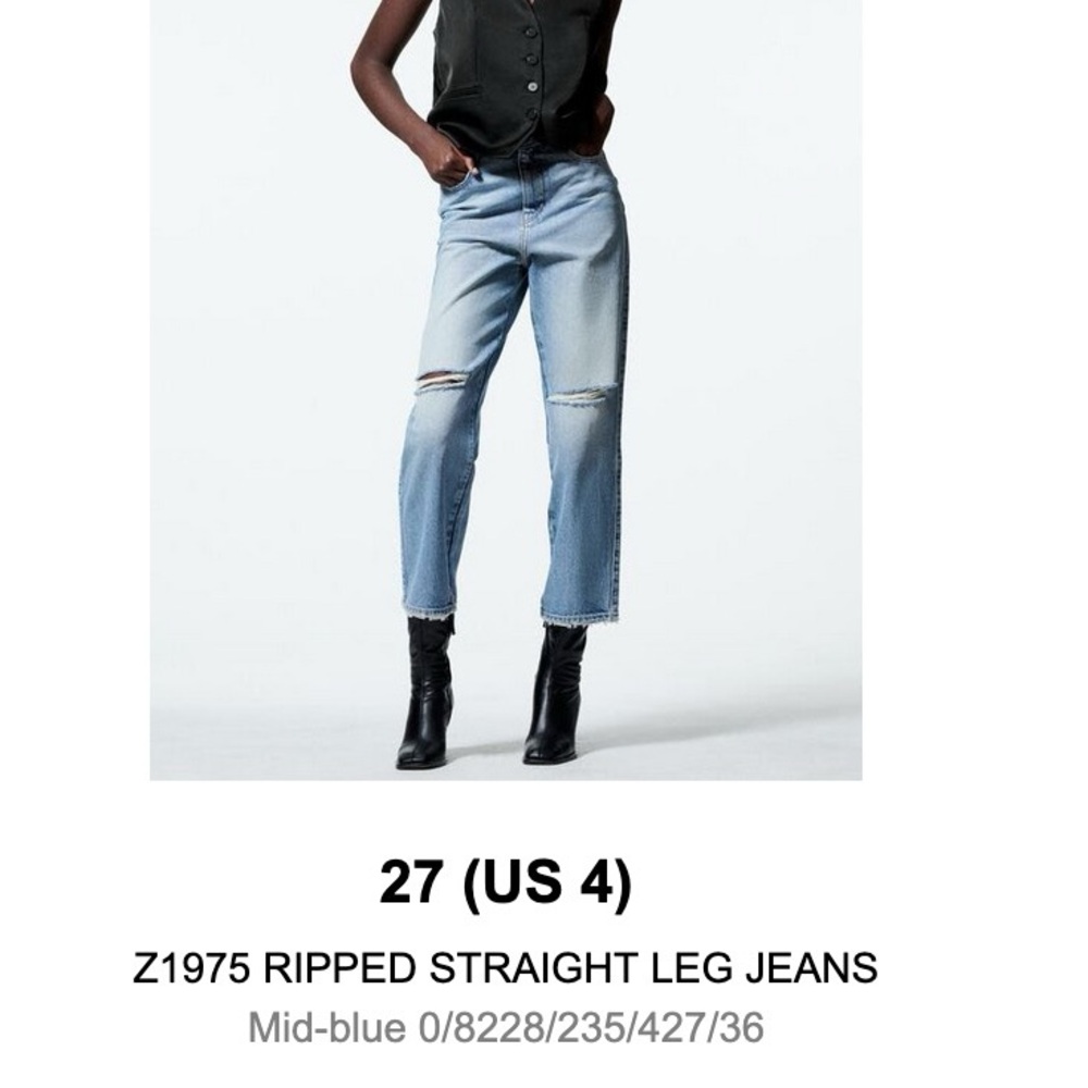 ZARA Ripped Straight Leg Jeans - Mid-Blue